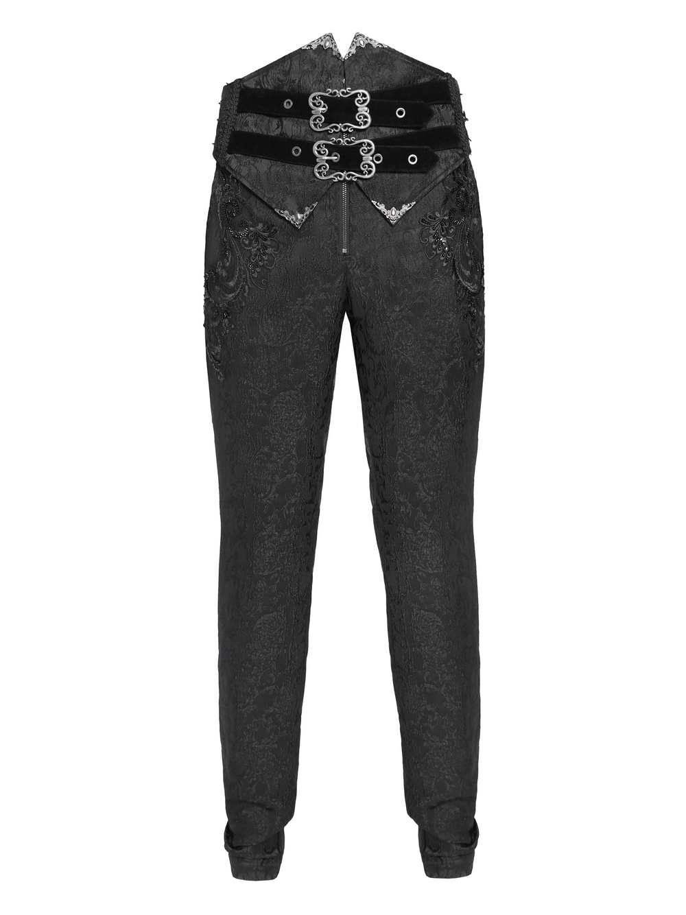 Men's gothic jacquard pants with velvet corset and double front buckles for a Victorian-inspired dark fashion look.
