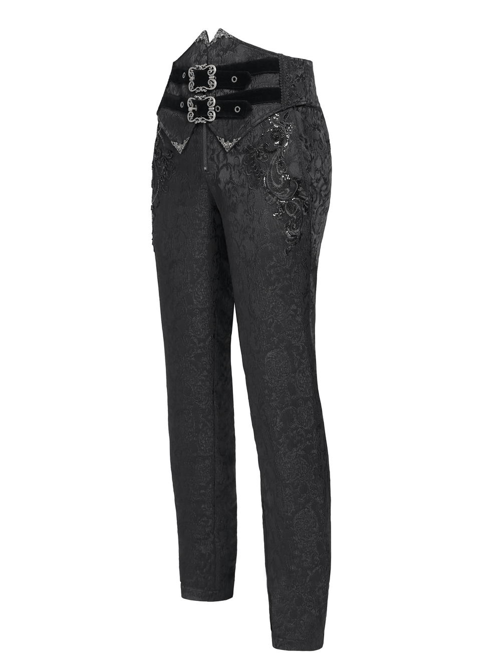 Men's gothic jacquard pants featuring ornate brocade, double buckles, and velvet waist for dark fashion enthusiasts.
