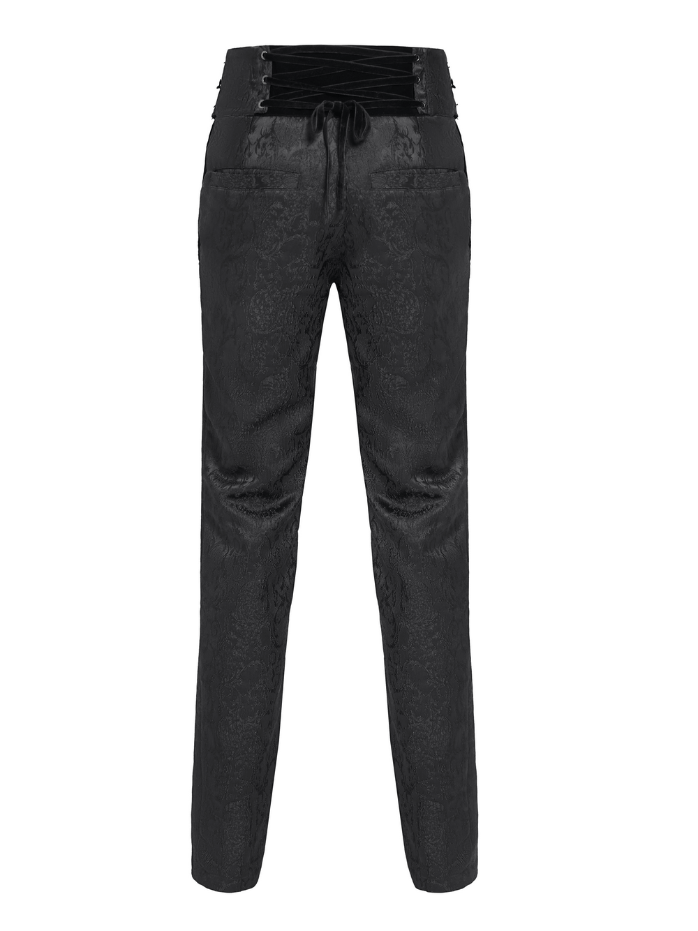 Men's gothic jacquard pants with ornate brocade, buckles, and velvet waist for a striking Victorian look.