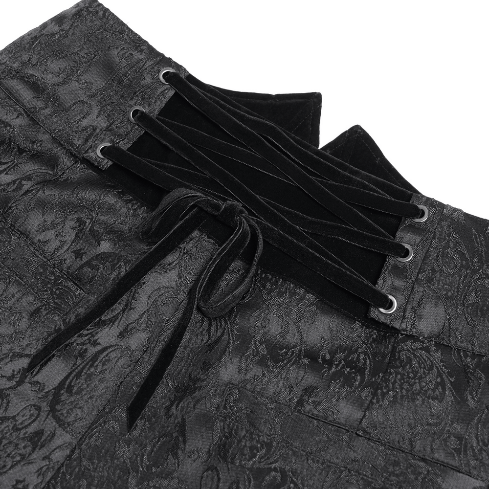 Close-up of men's gothic jacquard pants showing velvet corset back and elegant lacing details.