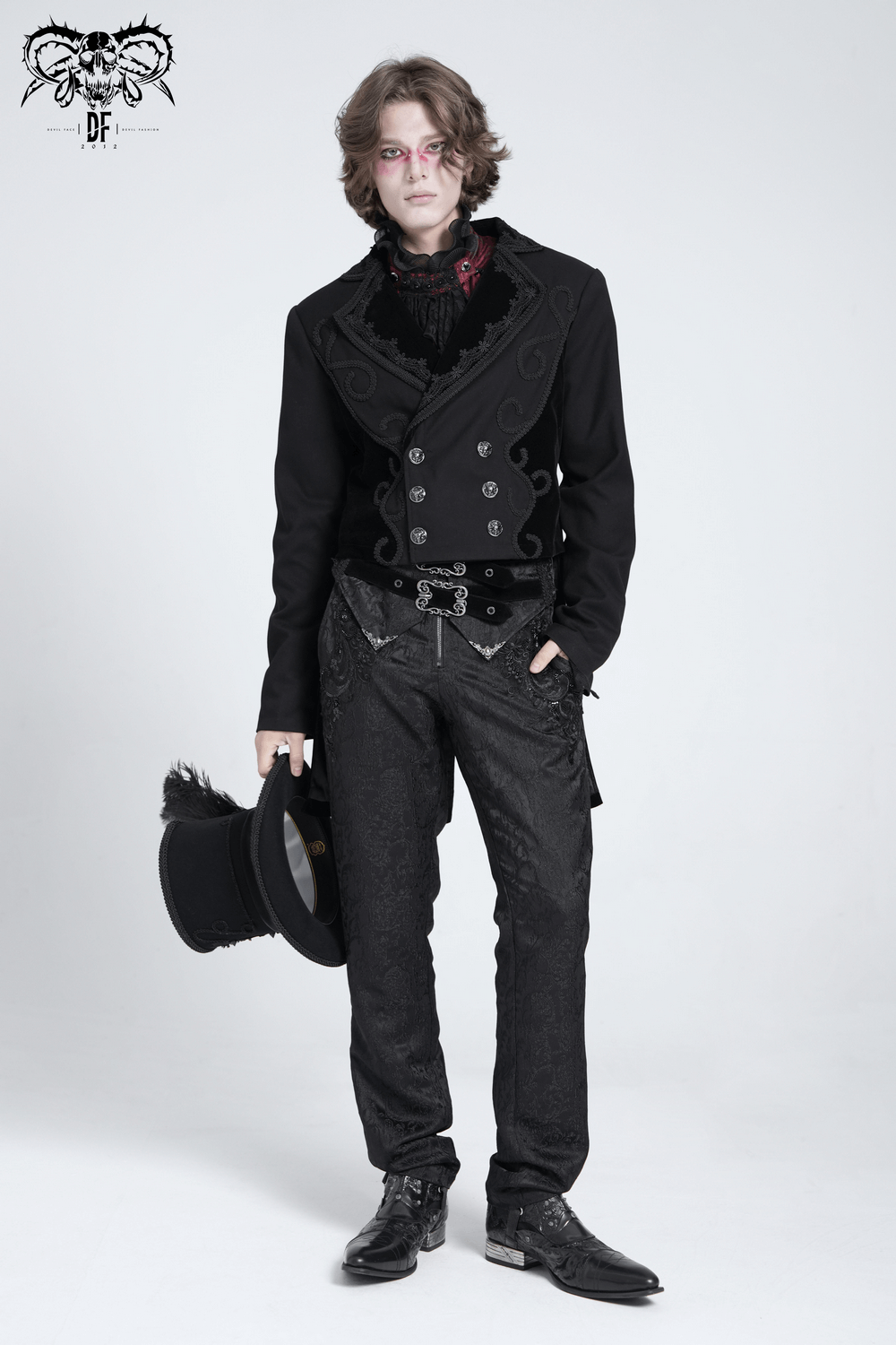 Men's gothic jacquard pants with buckles, velvet waist, and ornate brocade pattern, perfect for dark fashion lovers.