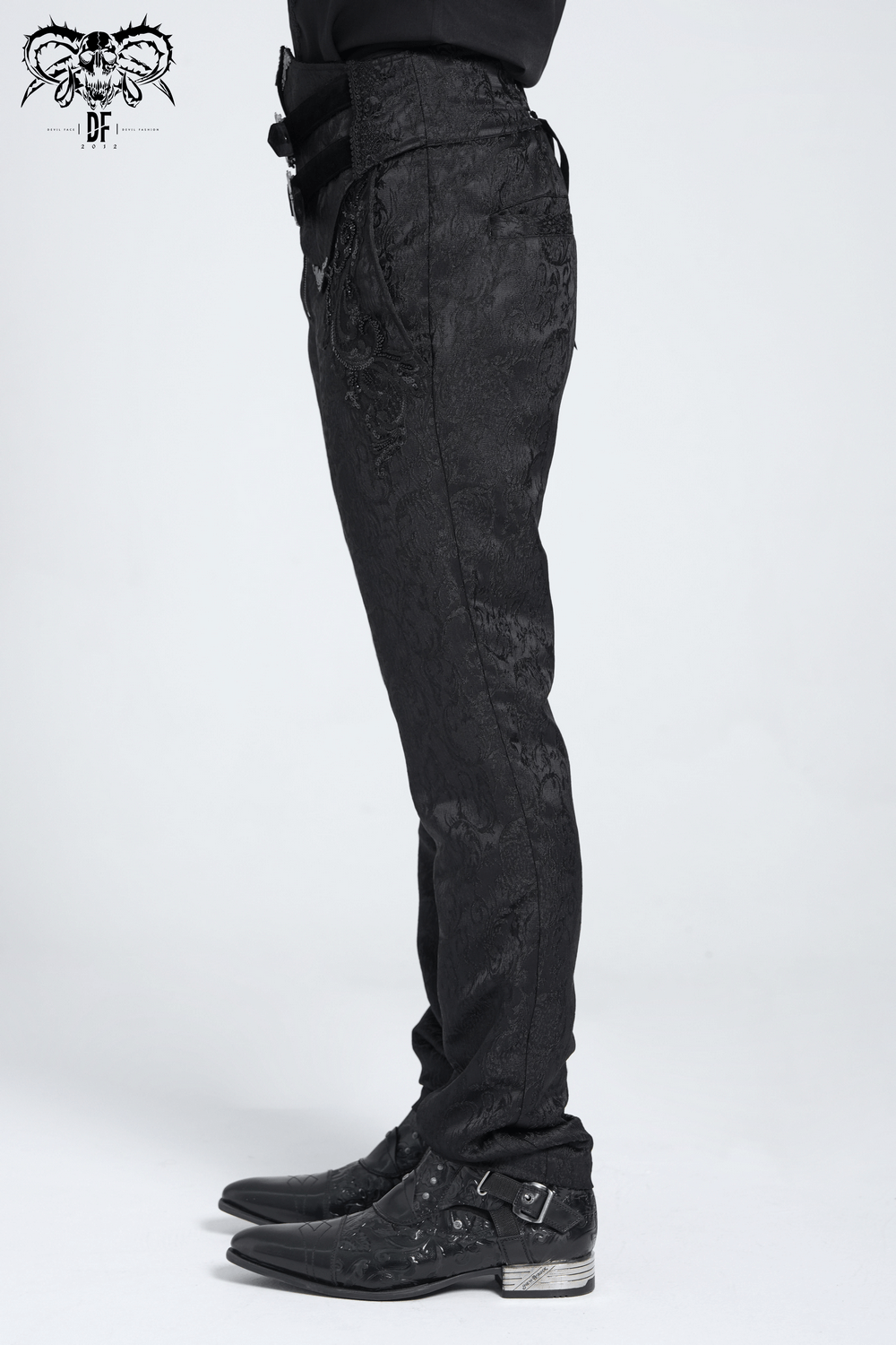 Men's gothic jacquard pants with buckles, ornate pattern, and velvet waist, perfect for dark fashion lovers.