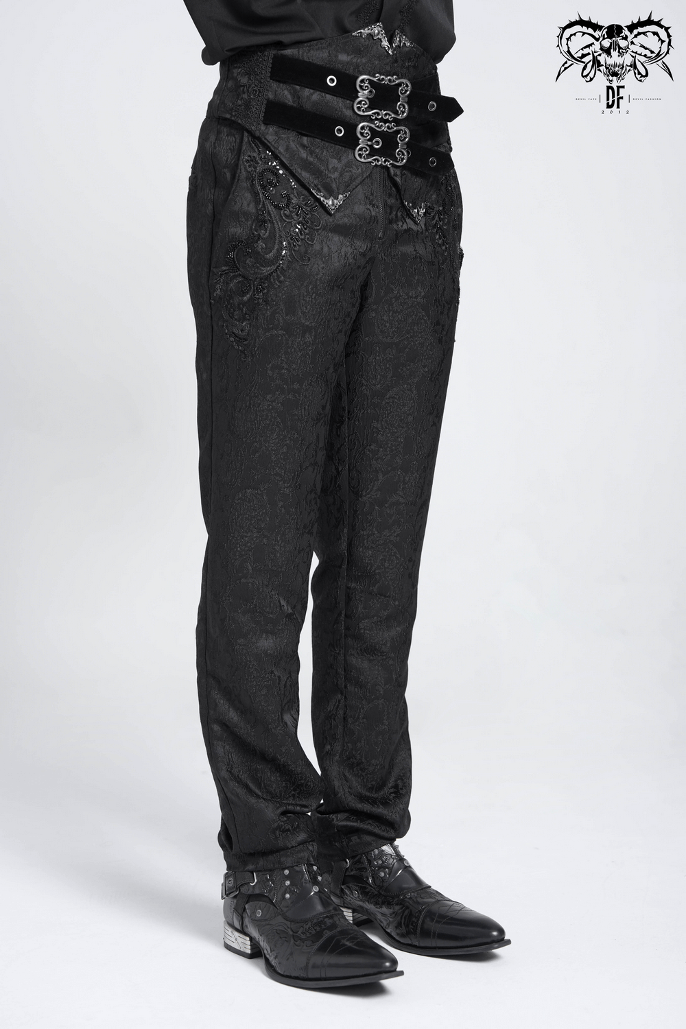 Men's gothic jacquard pants with ornate brocade, double buckles, and velvet waist, perfect for dark fashion enthusiasts.