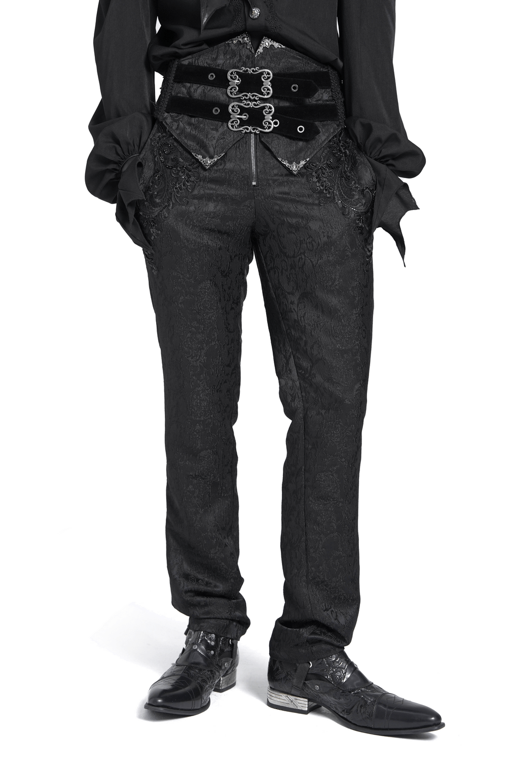 Men's gothic jacquard pants with ornate brocade, double buckles, and velvet corset back for dark fashion lovers.
