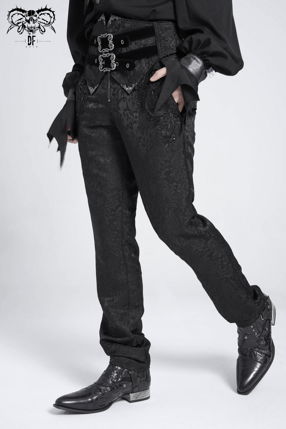 Men's gothic jacquard pants with ornate brocade and double buckles for a dramatic Victorian look.