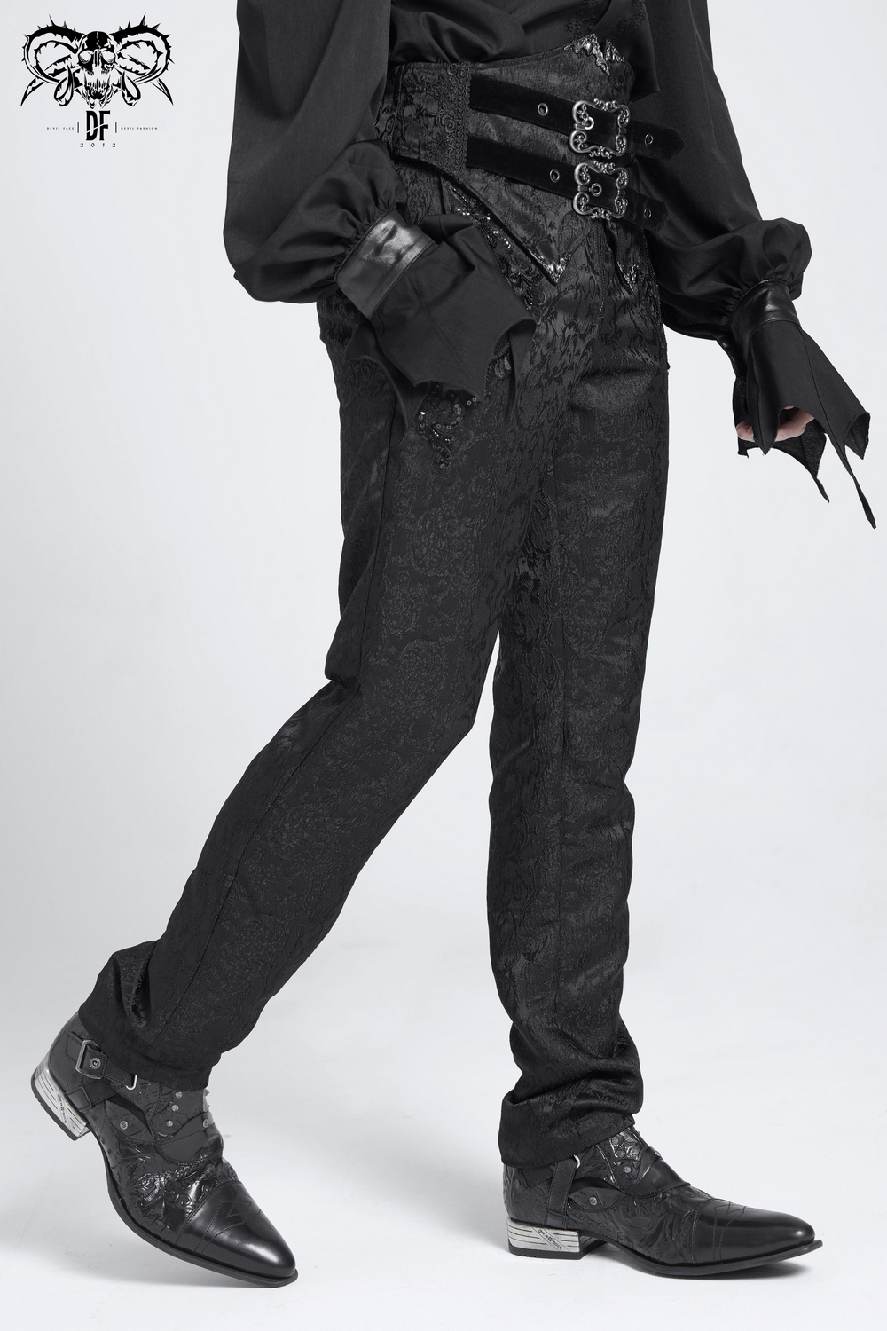 Men's gothic jacquard pants with corset, buckles, and velvet waist for dramatic Victorian flair.