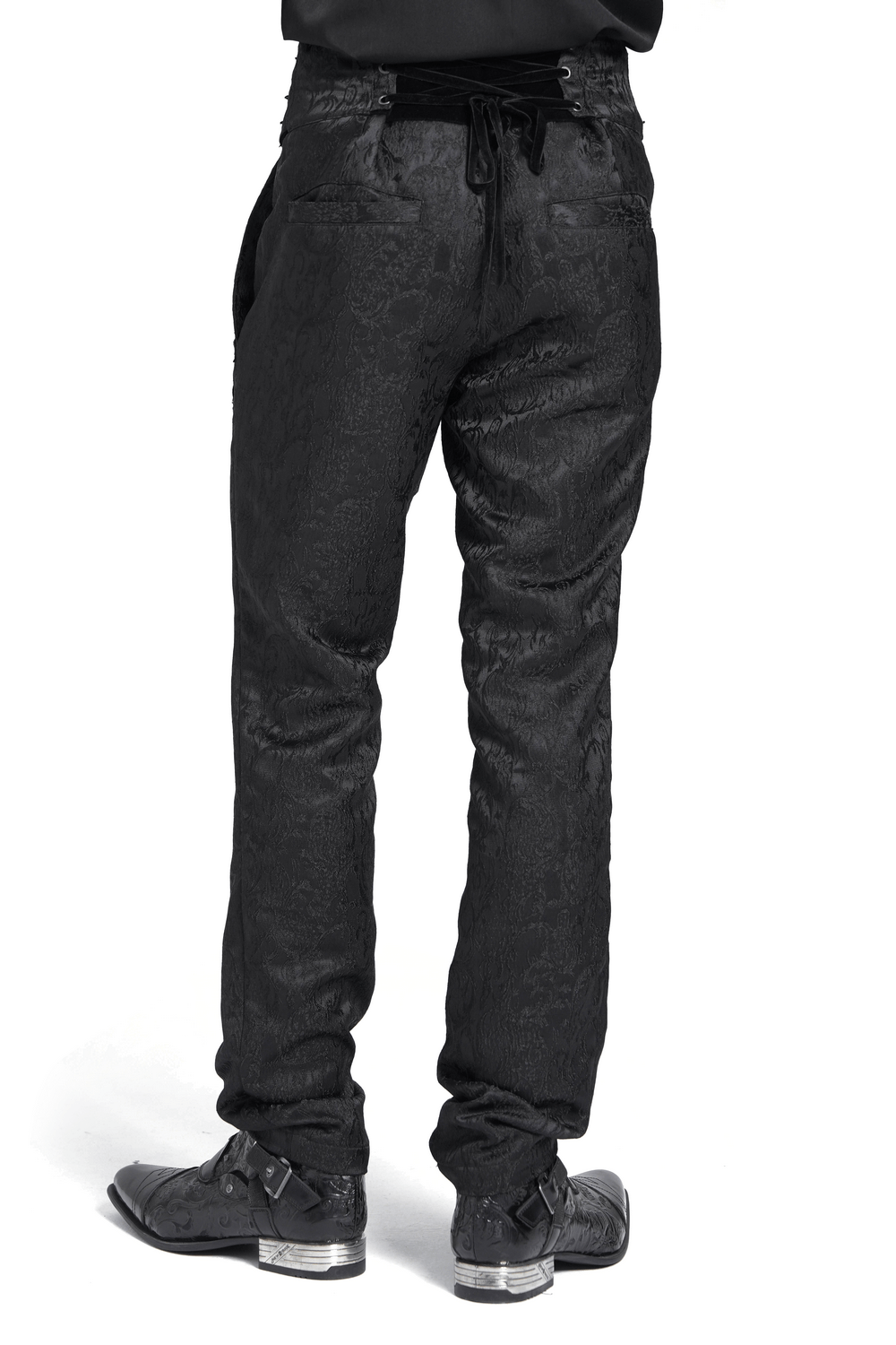 Men's gothic jacquard pants with ornate pattern, buckle details, and velvet corset back, perfect for dark fashion.