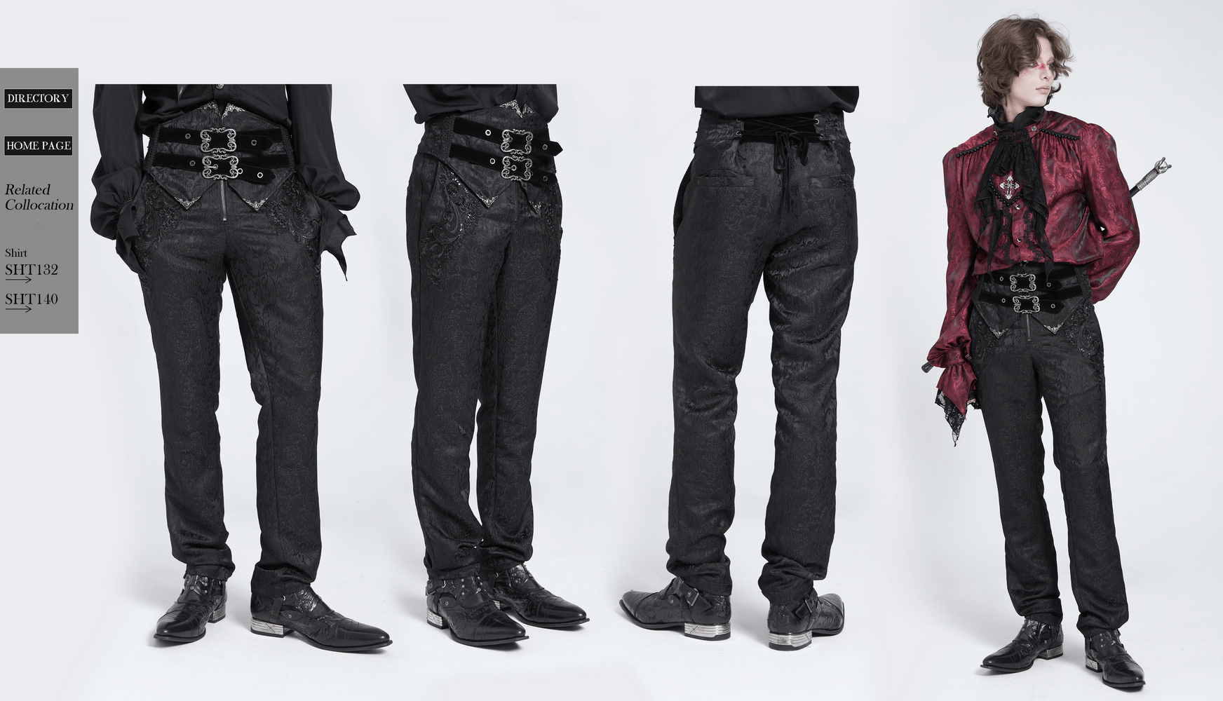 Men's gothic jacquard pants with buckles and velvet waist, showcasing Victorian brocade design and dramatic pointed waistline.
