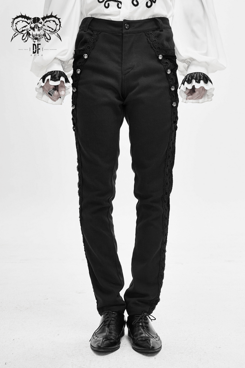 Men's Gothic Jacquard Pocket Pants / Elegant Black Trousers with Buckle Belt Back
