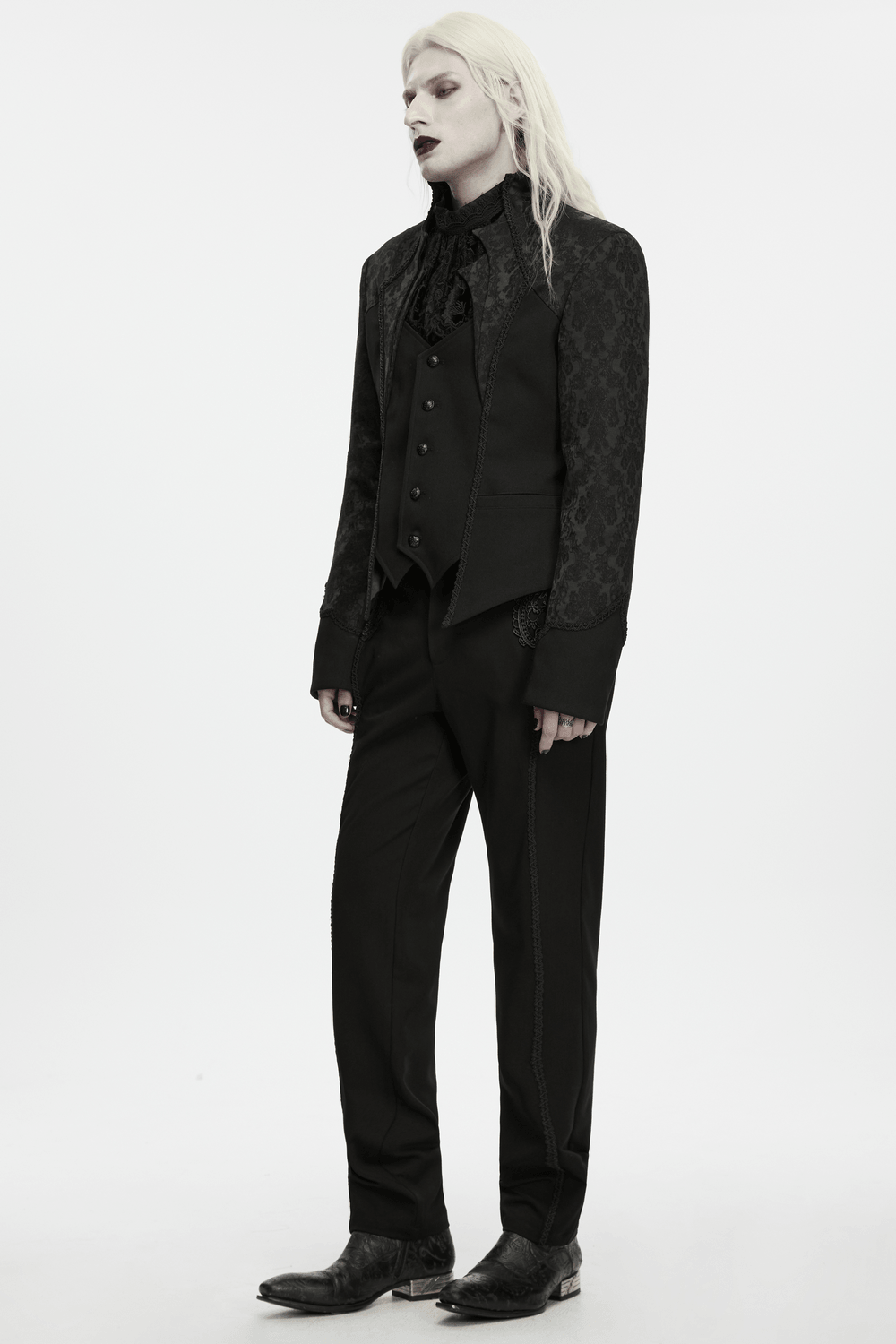 Men's Gothic Jacquard Tailcoat Jacket with High Collar, dark Victorian brocade style with carved buttons