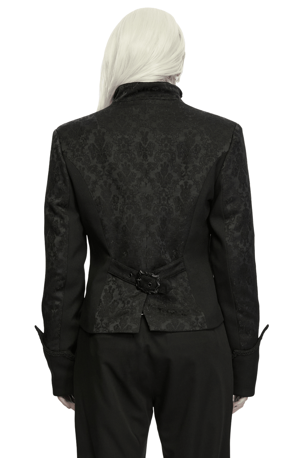 Men's Gothic Jacquard Tailcoat Jacket with High Collar, black Victorian brocade back view with adjustable waist strap