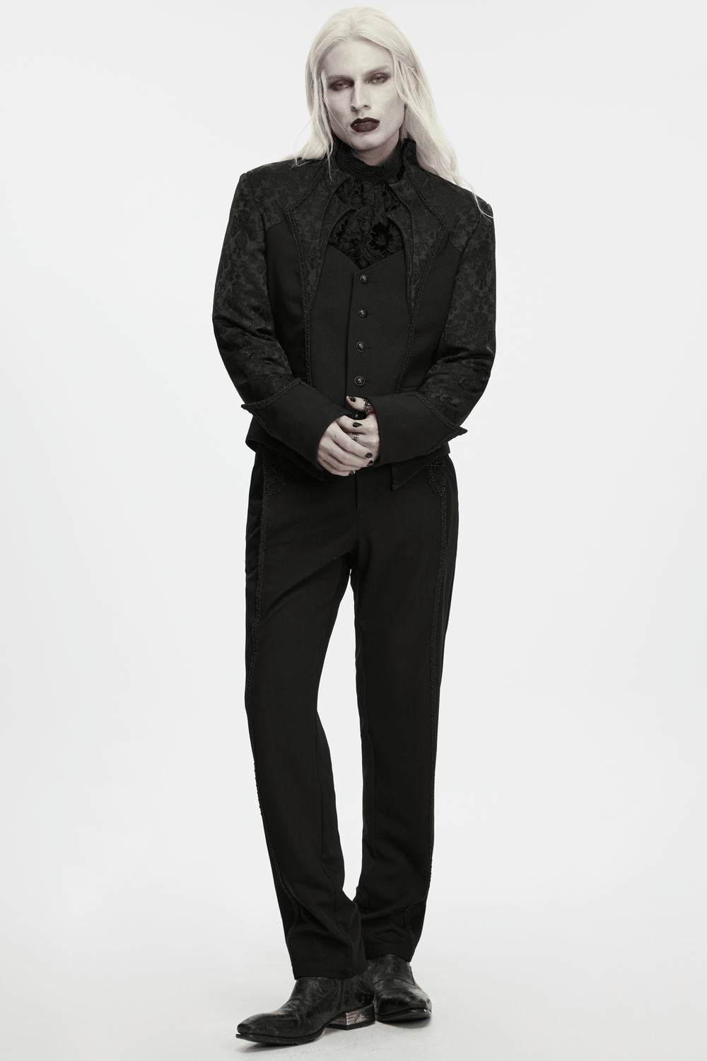Men's Gothic Jacquard Tailcoat Jacket with High Collar, black Victorian brocade court style with sculpted details