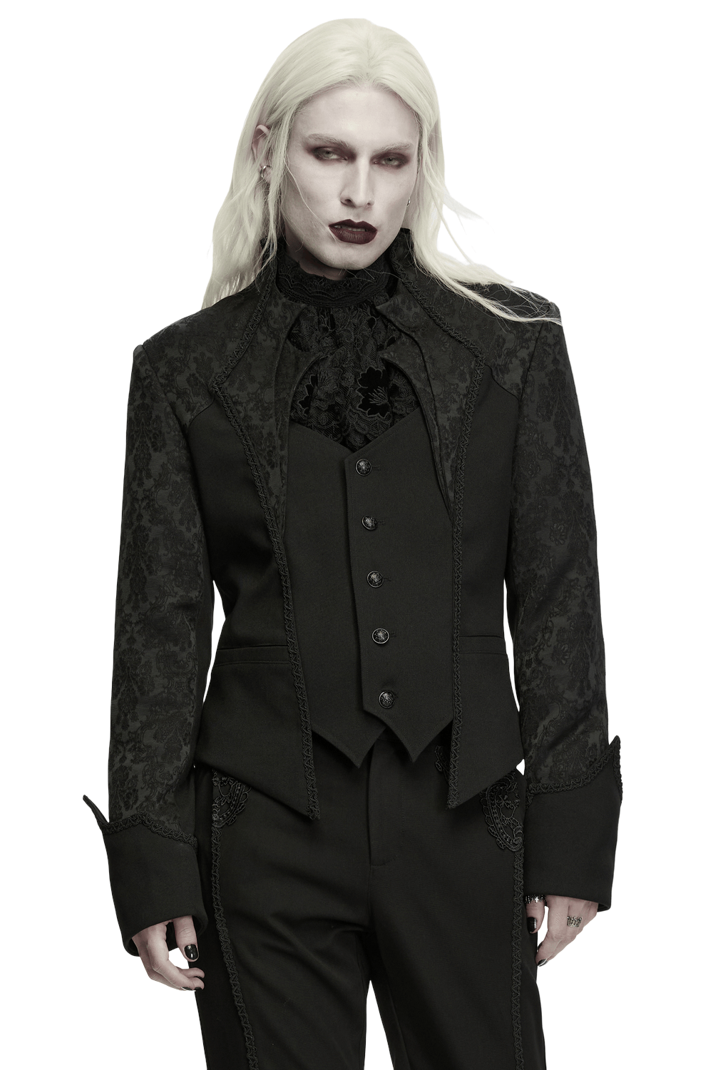 Men's Gothic Jacquard Tailcoat Jacket with High Collar, dramatic black Victorian brocade style with carved buttons
