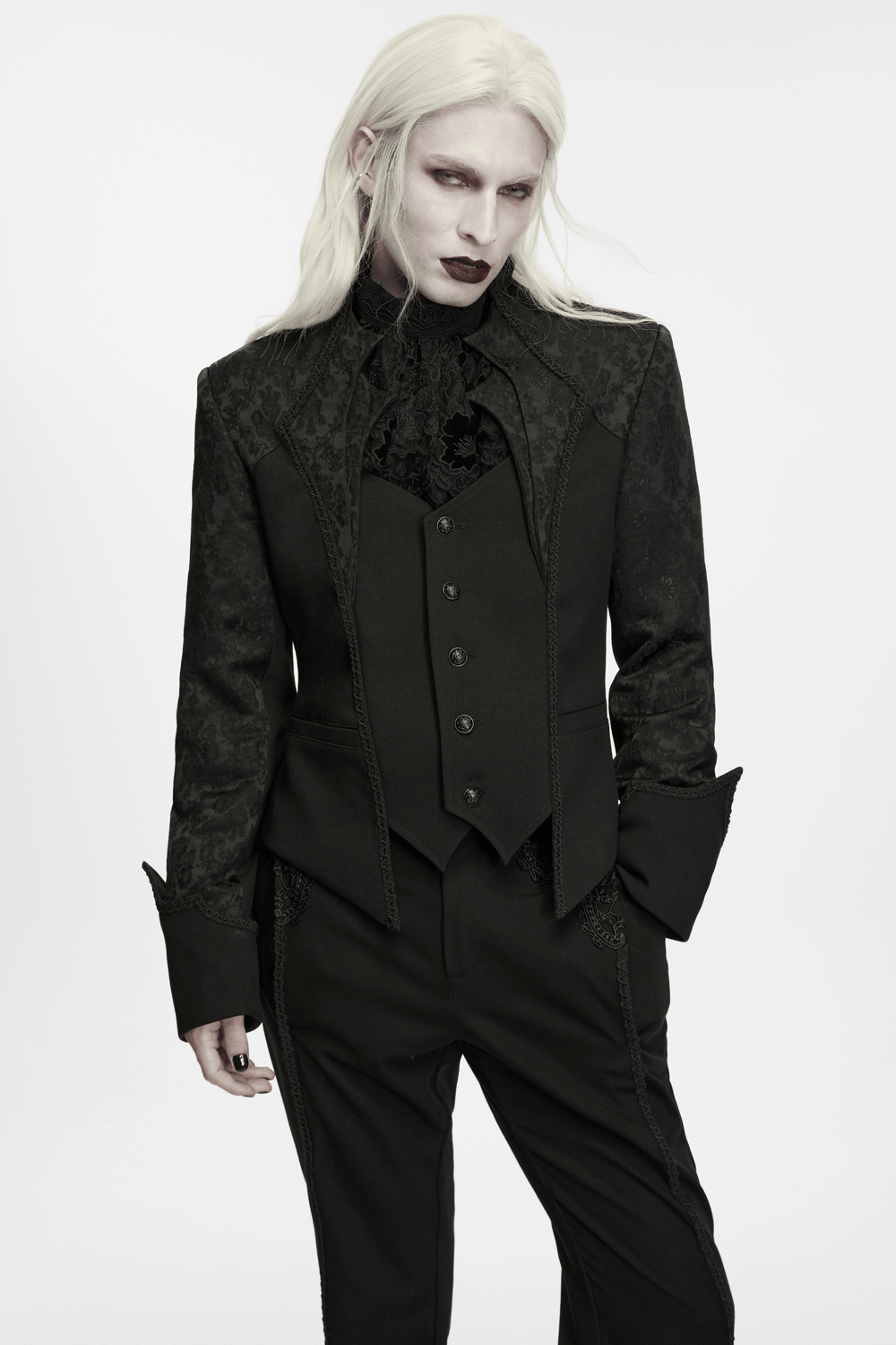 Men's Gothic Jacquard Tailcoat Jacket with High Collar, dark Victorian brocade style with carved buttons and sculpted silhouette