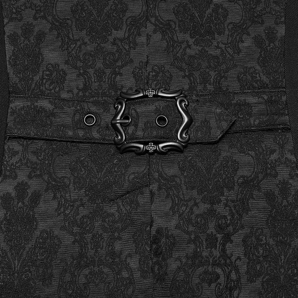 Men's Gothic Jacquard Tailcoat Jacket with High Collar, black brocade texture and ornate buckle for Victorian gothic style