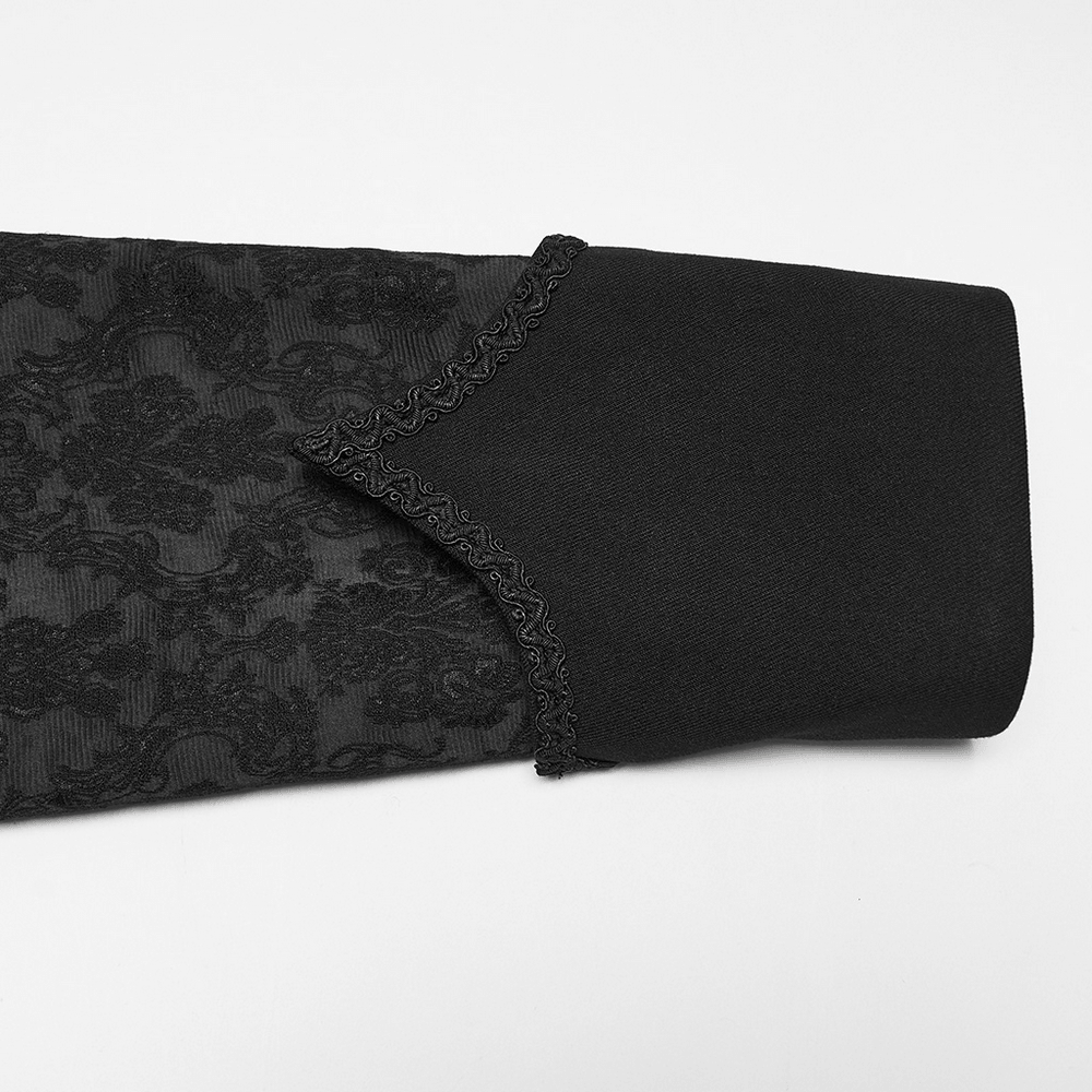 Men's Gothic Jacquard Tailcoat Jacket with High Collar, black brocade cuff detail for Victorian goth style