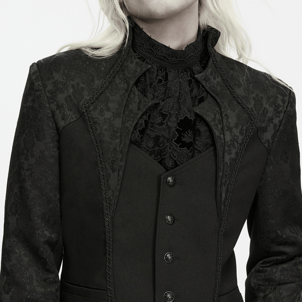 Men's Gothic Jacquard Tailcoat Jacket with High Collar, black Victorian brocade style with ornate buttons