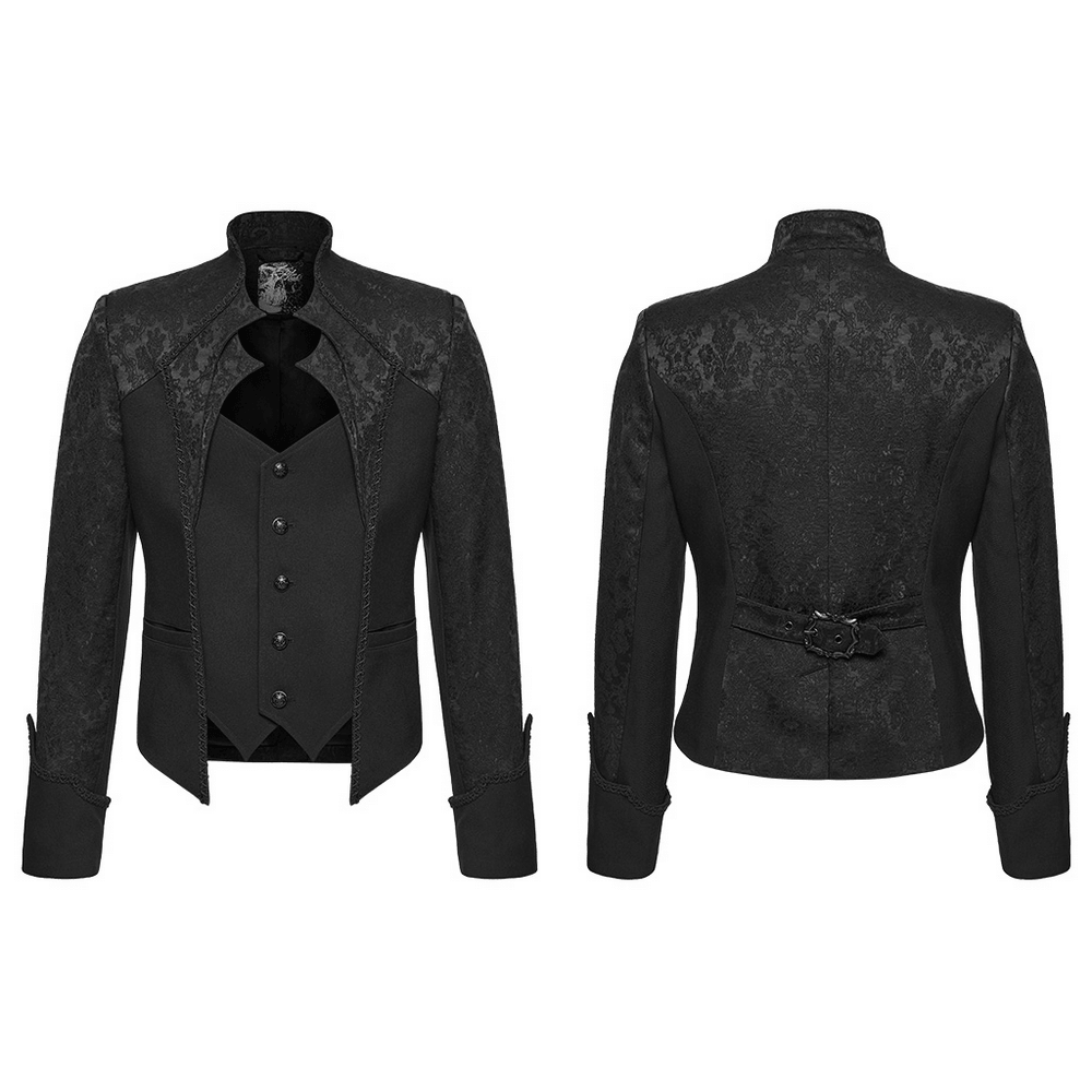 Men's Gothic Jacquard Tailcoat Jacket with High Collar, black Victorian brocade jacket with high collar and pointed hem