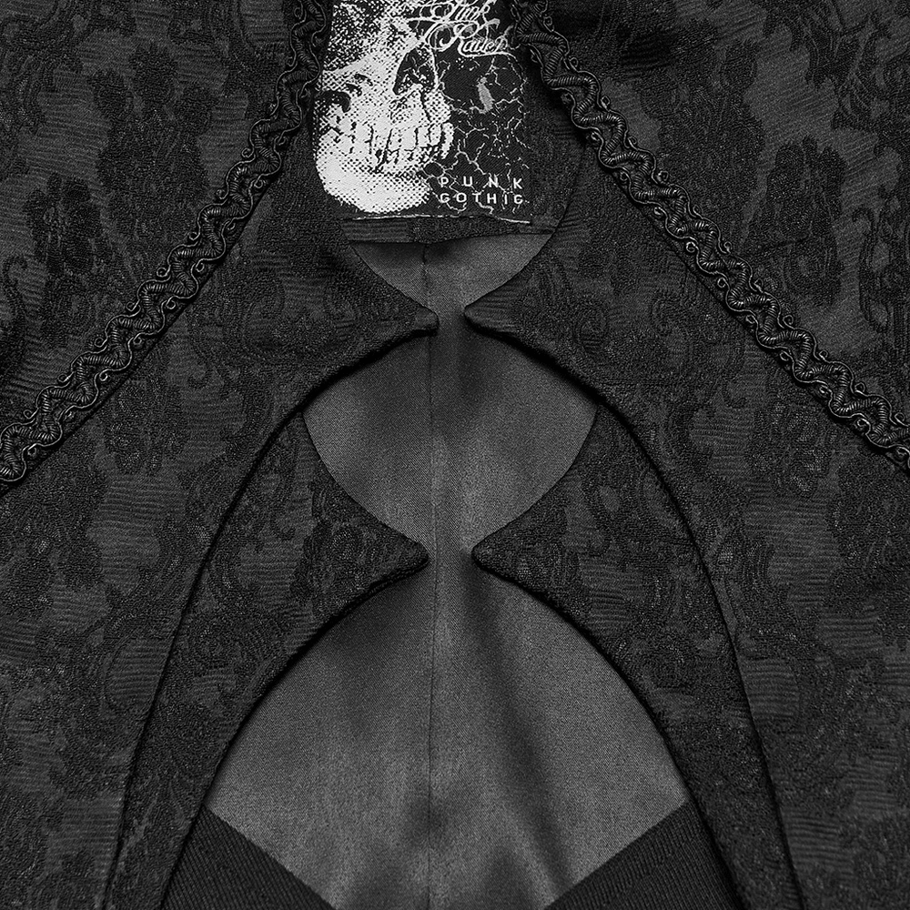 Men's Gothic Jacquard Tailcoat Jacket with High Collar, black Victorian brocade with ornate trim and pointed tailcoat detail