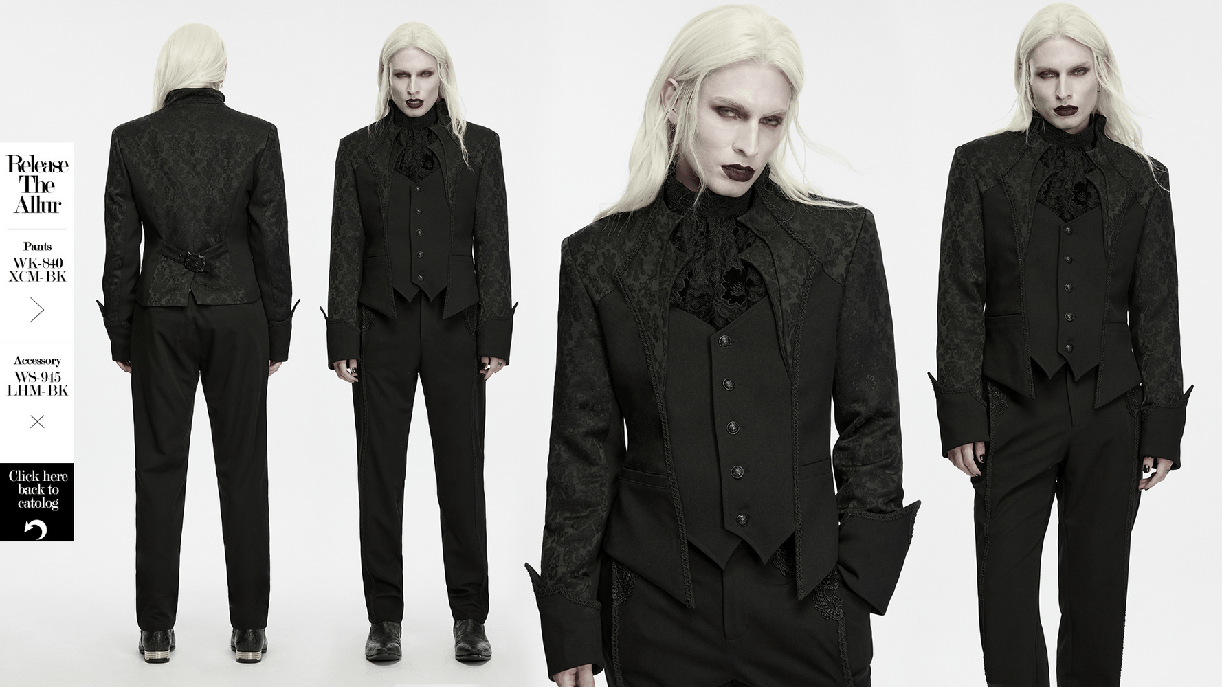 Men's Gothic Jacquard Tailcoat Jacket with High Collar, black Victorian brocade court style with textured details and sharp tailoring