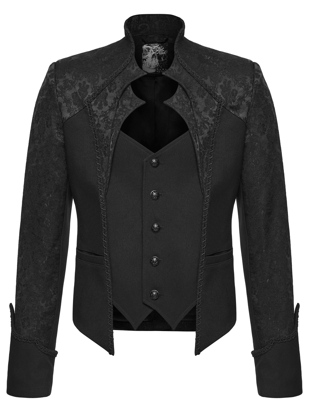 Men's Gothic Jacquard Tailcoat Jacket with High Collar, black Victorian brocade court jacket with sculpted collar