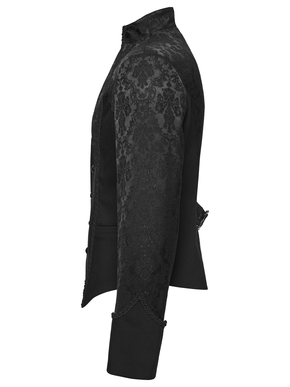 Men's Gothic Jacquard Tailcoat Jacket with High Collar, black Victorian brocade side view with ornate textured pattern