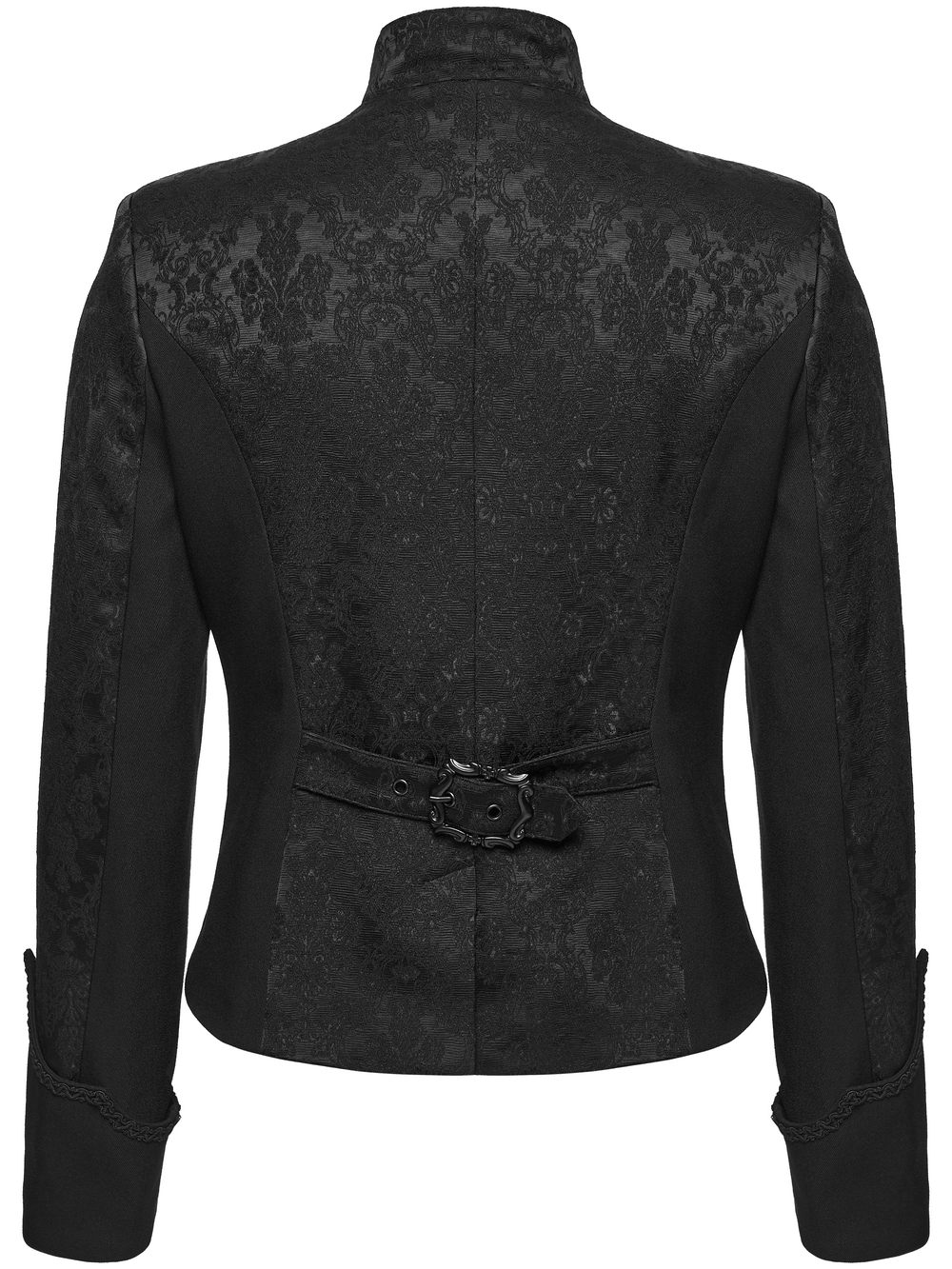 Men's Gothic Jacquard Tailcoat Jacket with High Collar, black Victorian brocade back view with belted waist