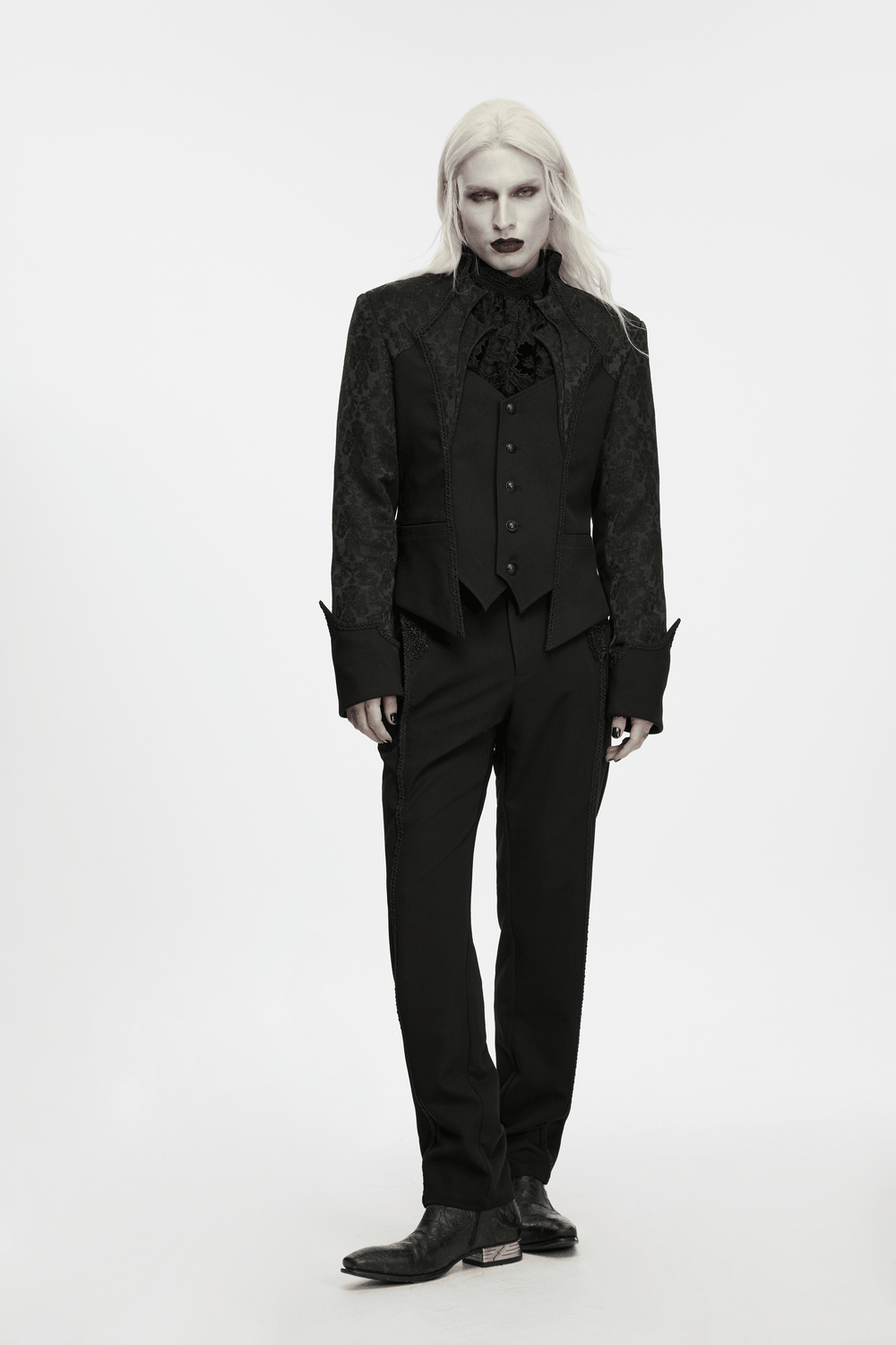Men's Gothic Jacquard Tailcoat Jacket with High Collar, dark Victorian brocade look with pointed hem and carved buttons