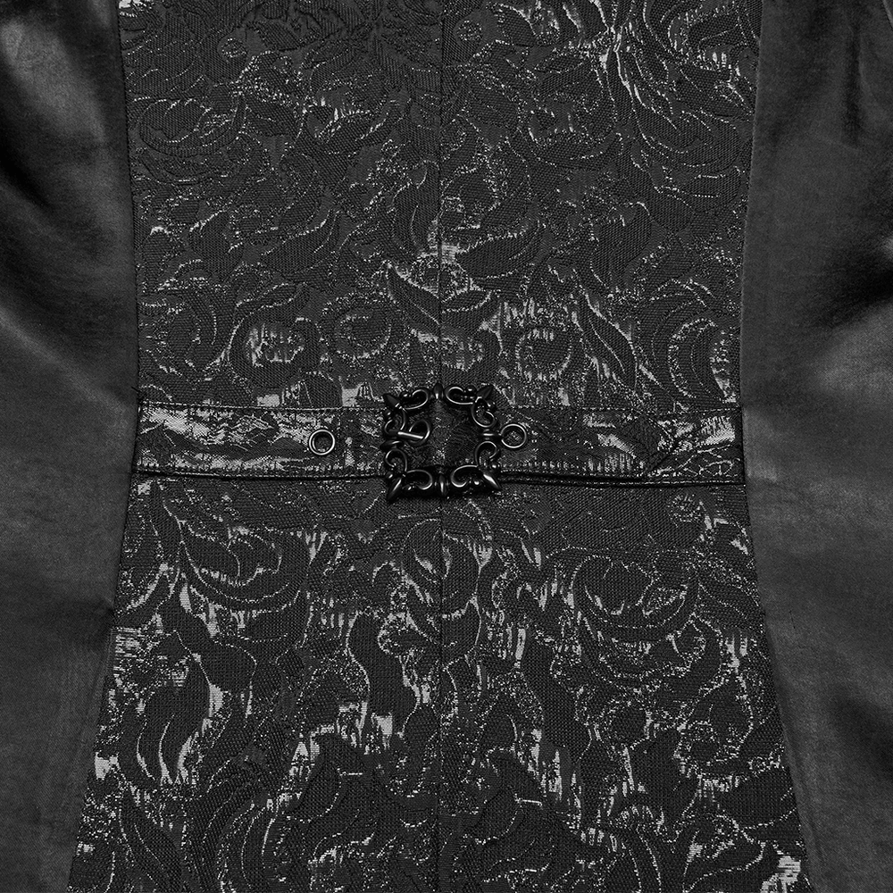Close-up of Men's Gothic Jacquard Waistcoat featuring embossed fabric and detailed back clasp.