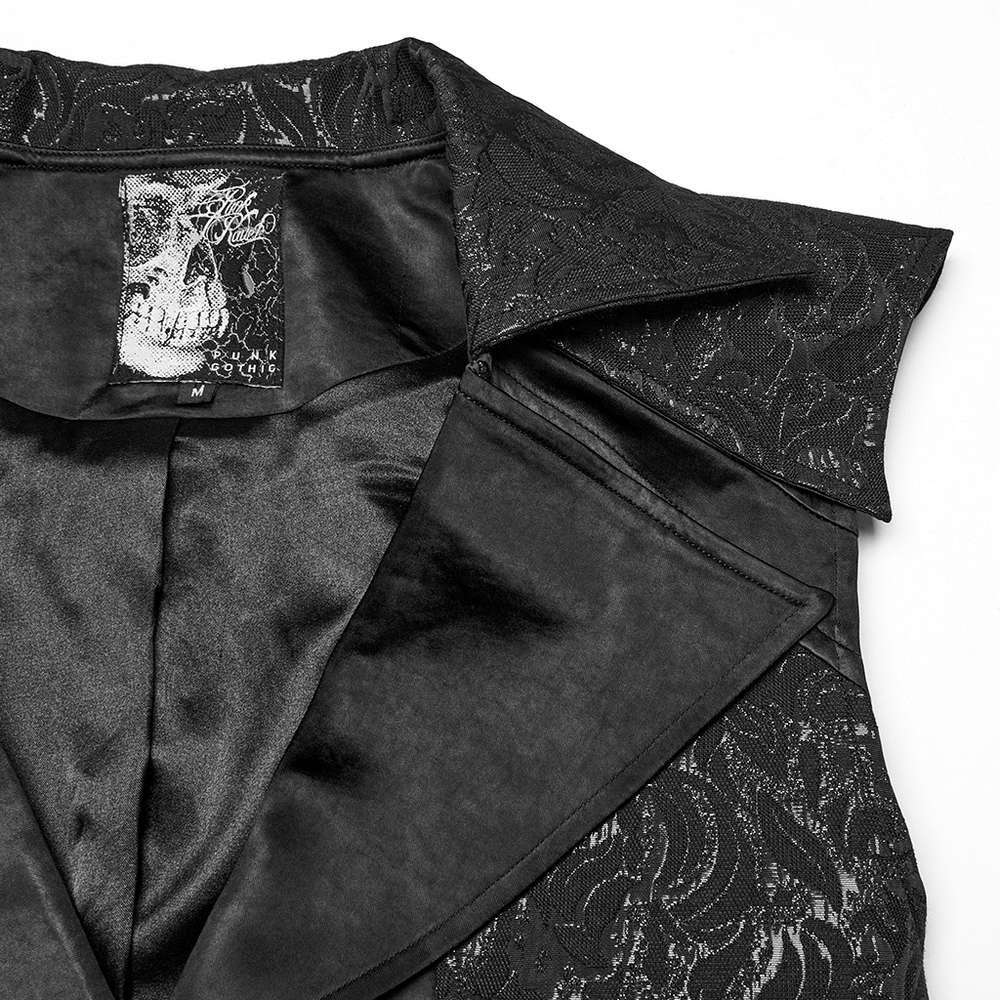 Close-up of men's gothic jacquard waistcoat showcasing intricate embossed fabric and bold statement collar.