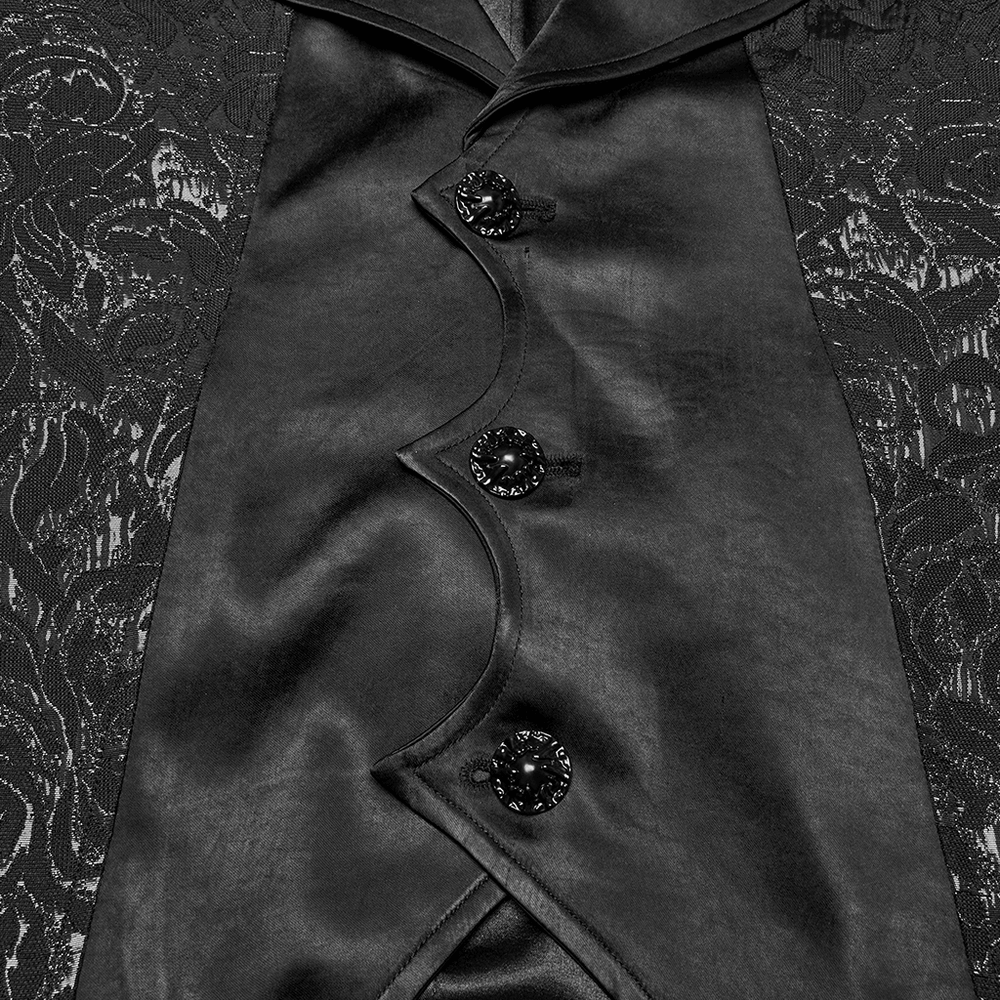Close-up of a gothic jacquard waistcoat with unique curved placket and statement collar in black fabric.