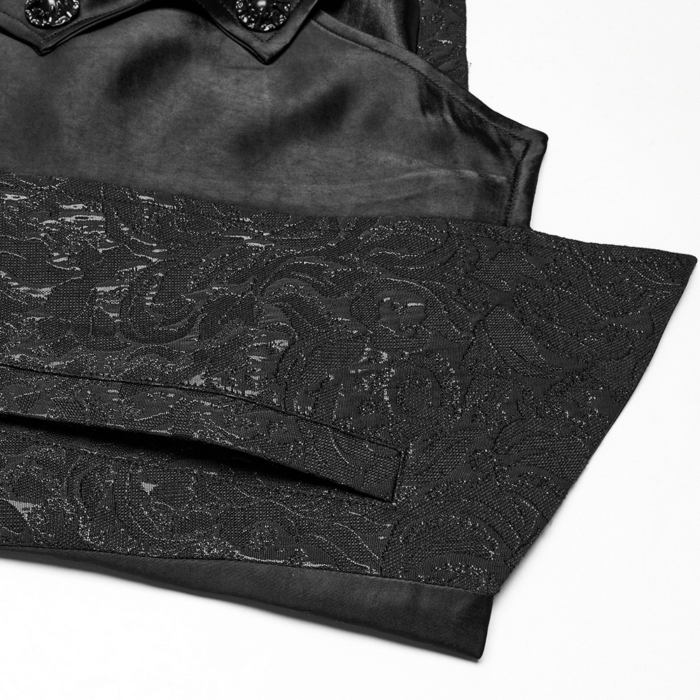 Close-up of men's gothic jacquard waistcoat showing embossed fabric and stylish collar details.