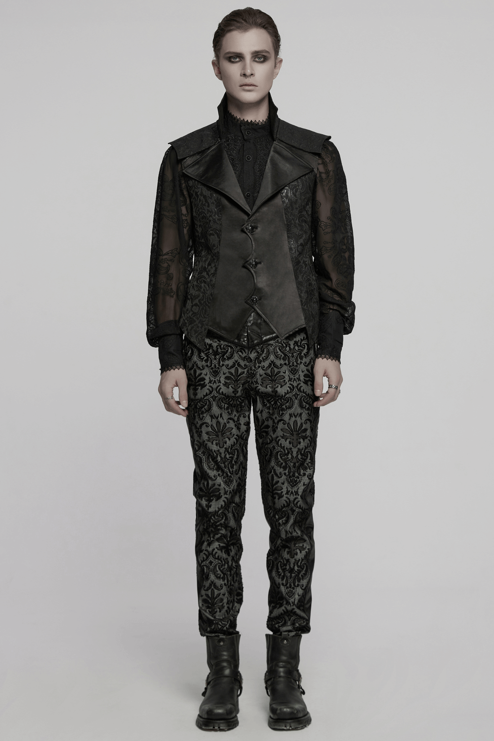 Men's gothic jacquard waistcoat with statement collar, paired with embossed black pants for a Victorian-inspired look.