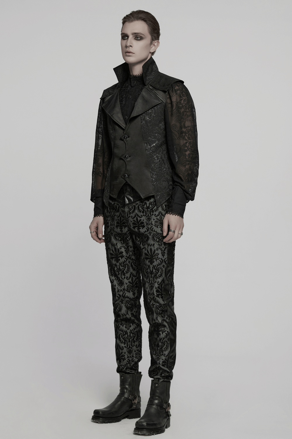 Men's gothic jacquard waistcoat with statement collar, styled for Victorian and steampunk fashion.