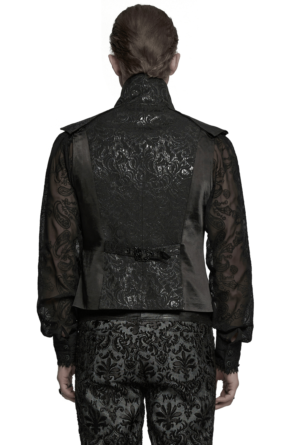 Back view of men's gothic jacquard waistcoat, featuring embossed fabric and unique collar design.