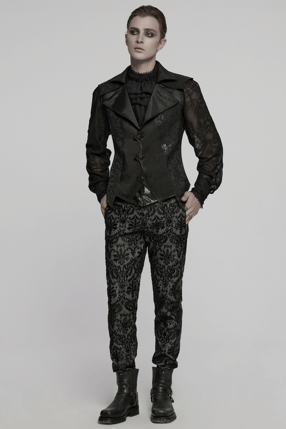 Men's gothic jacquard waistcoat with statement collar, styled with lace and dark patterned pants.