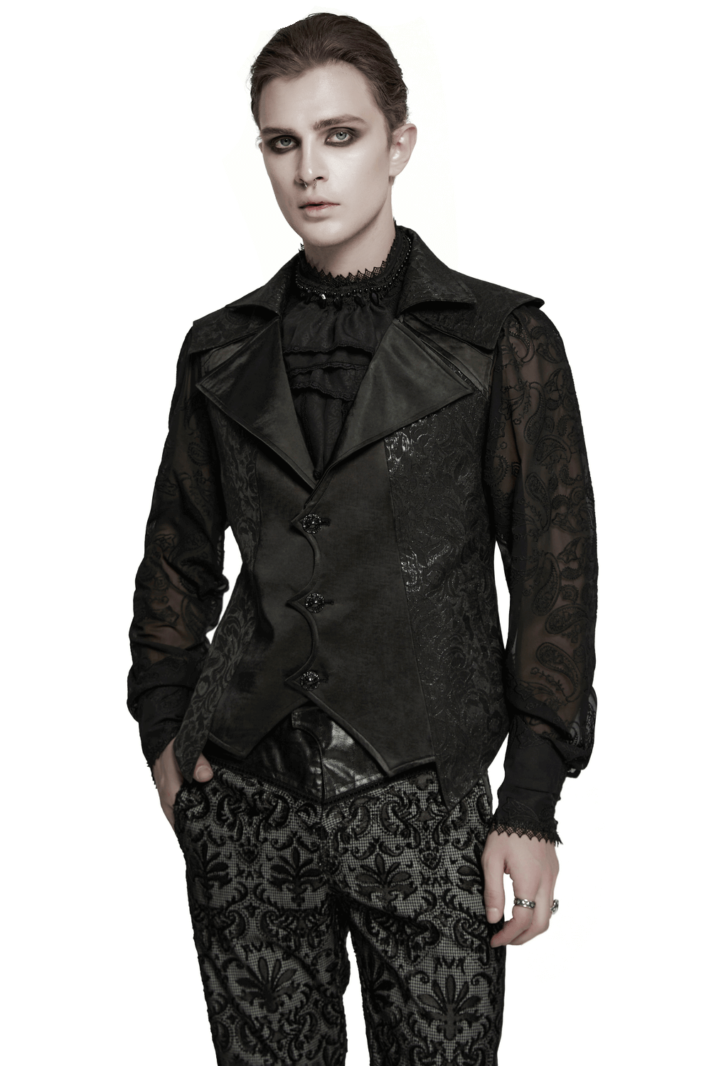 Men's gothic jacquard waistcoat with statement collar and unique fabric design