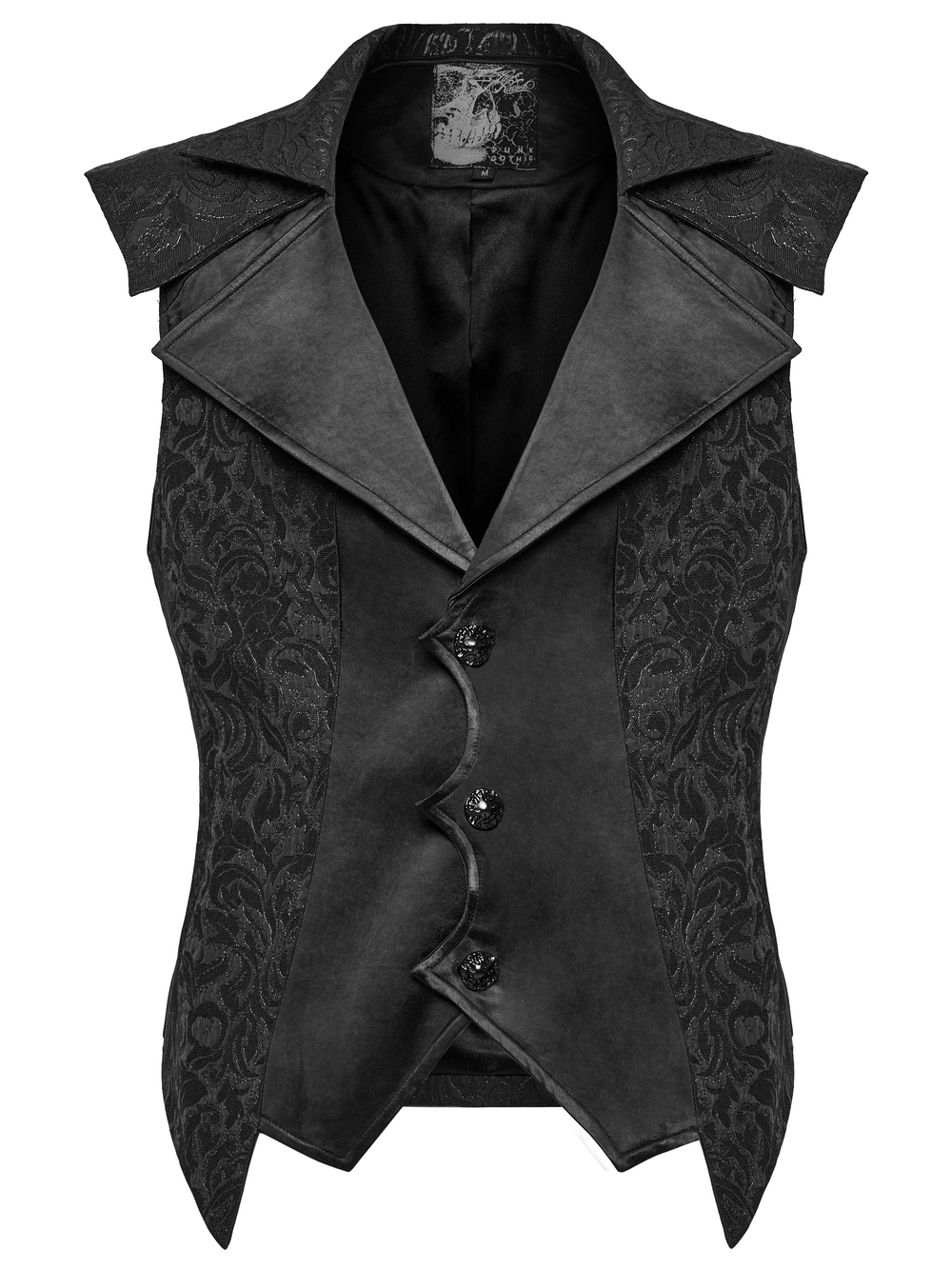 Men's gothic jacquard waistcoat with statement collar, featuring embossed fabric and unique shoulder design.
