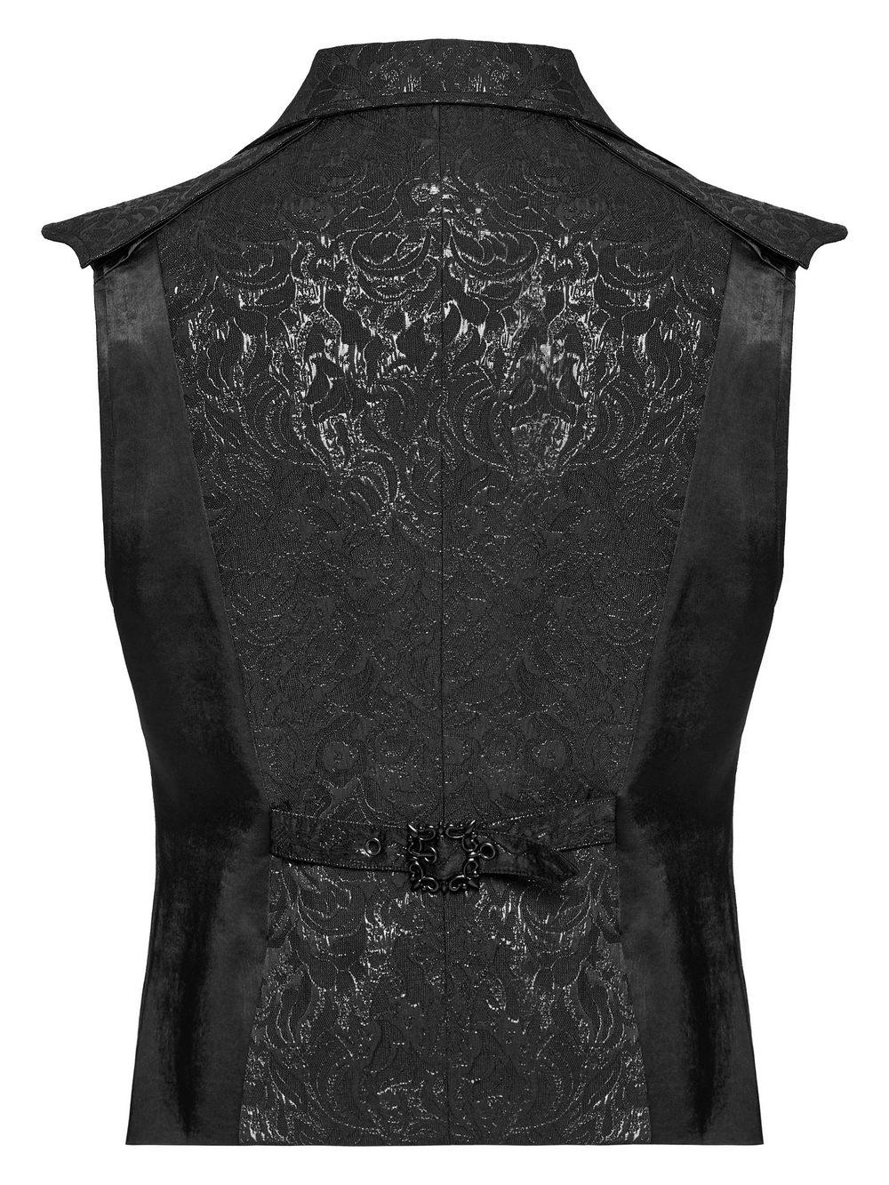 Back view of men's gothic jacquard waistcoat featuring embossed fabric and stylish double-layer shoulder design.