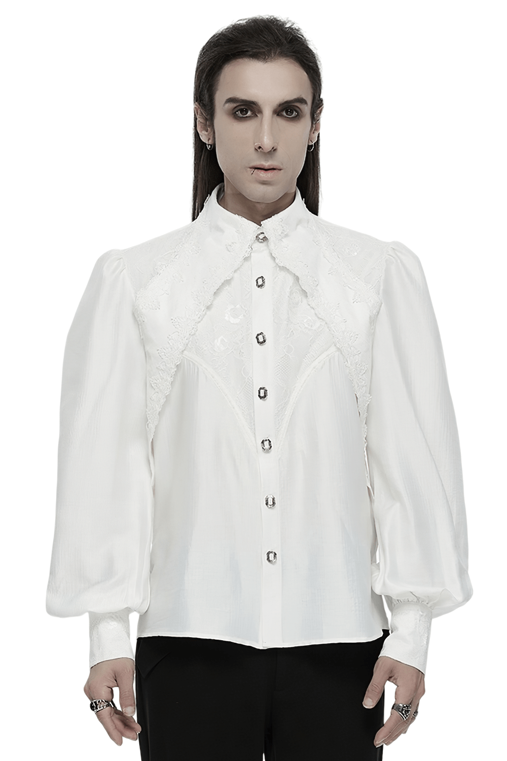 Men's gothic lace button-up shirt with layered bubble sleeves, perfect for concerts and vintage-inspired styling.