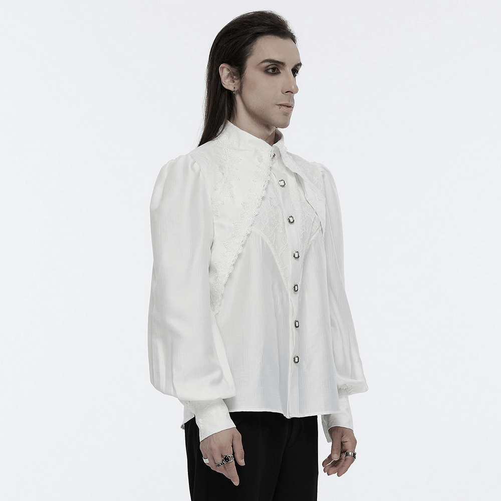 Men's Gothic lace button-up shirt with layered sleeves, featuring elegant bubble sleeves and intricate lace details. Perfect for gothic styling.