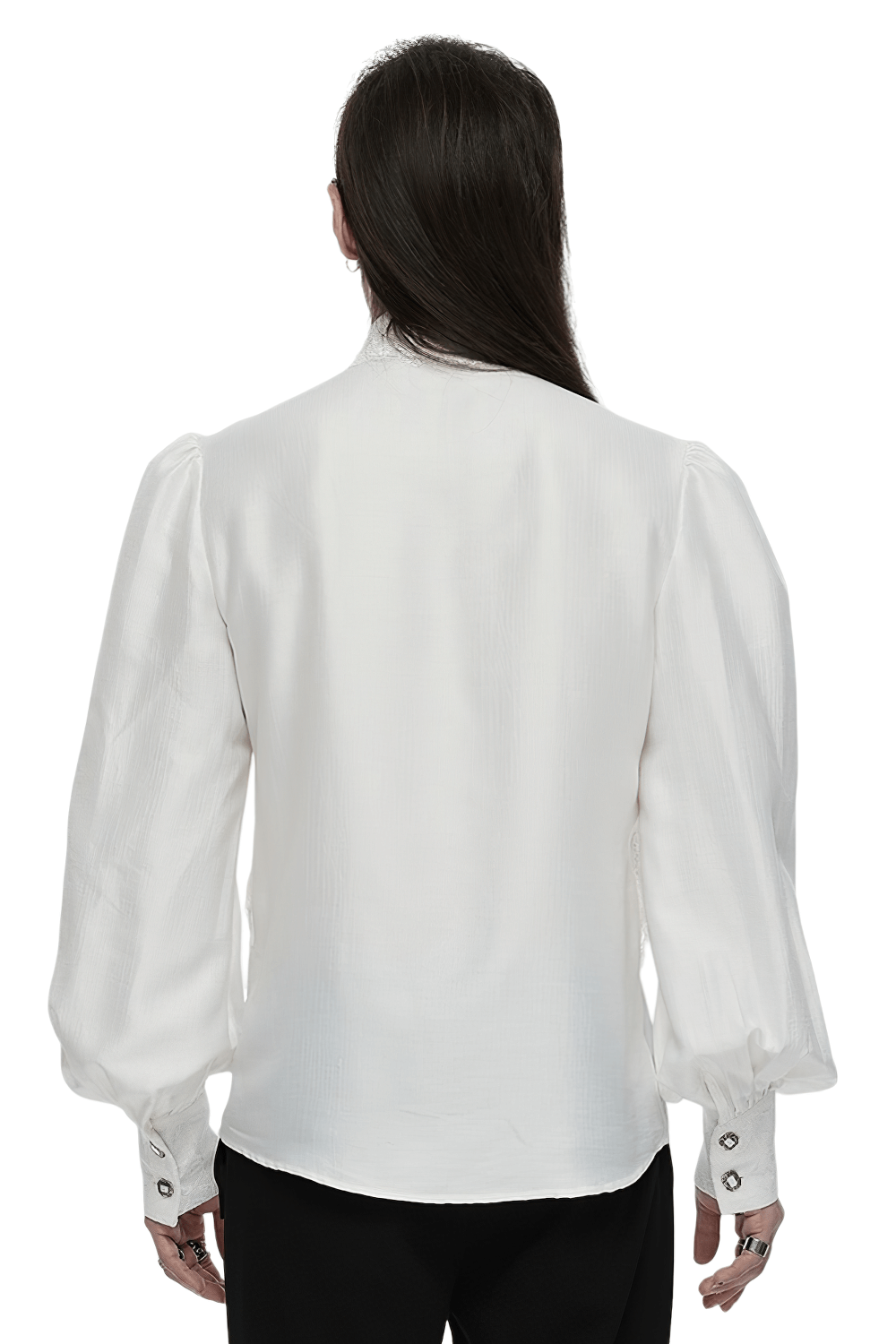 Back view of a men's gothic lace button-up shirt with layered bubble sleeves in glossy white fabric.