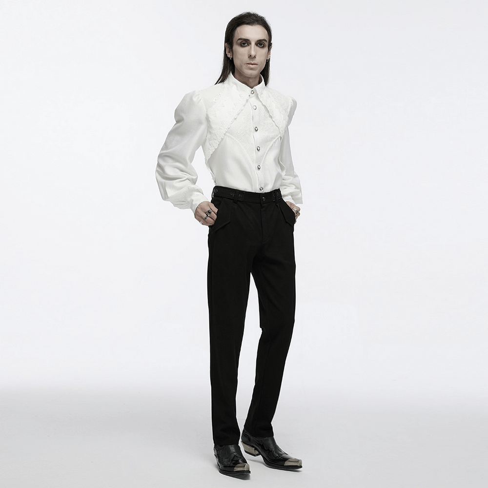 Men's gothic button-up shirt with lace details and layered sleeves, styled for a strikingly elegant look.