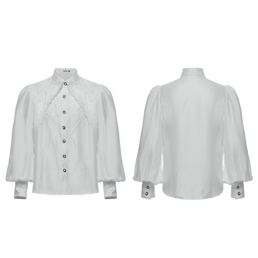 Men's gothic lace button-up shirt with bubble sleeves and intricate lace details, perfect for vintage-inspired styling.