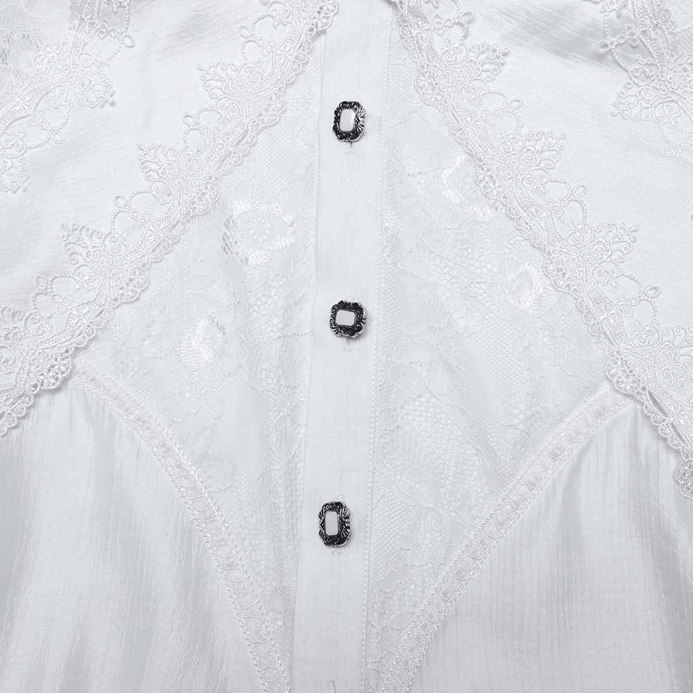 Close-up of a men's gothic lace button-up shirt showcasing intricate lace details and decorative buttons.