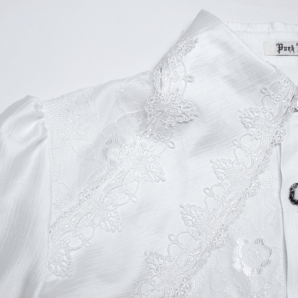 Close-up of men's gothic lace button-up shirt with elegant collar and textured fabric, showcasing intricate lace details.