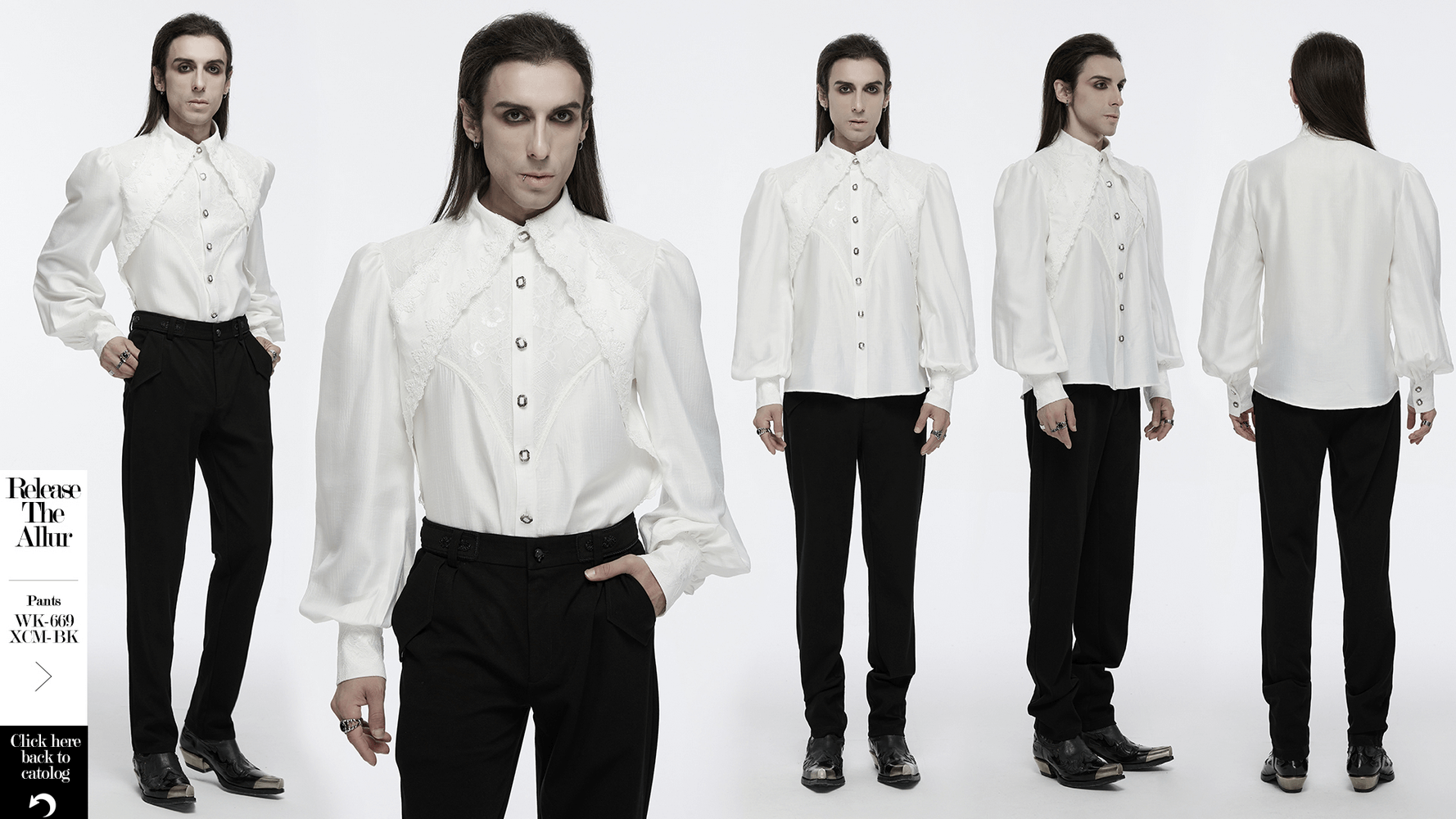 Men's gothic lace button-up shirt with layered sleeves and elegant bubble sleeves, perfect for gothic events.