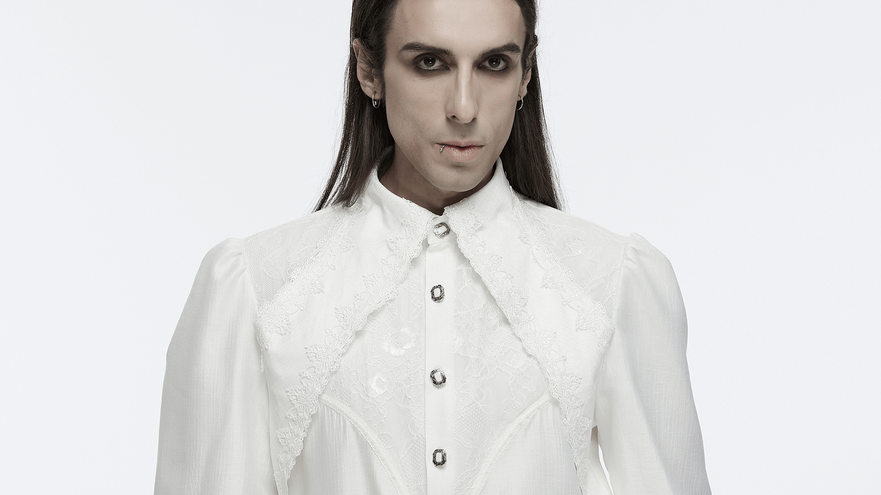 Men's gothic lace button-up shirt with layered sleeves and elegant collar detail. Perfect for gothic fashion lovers!