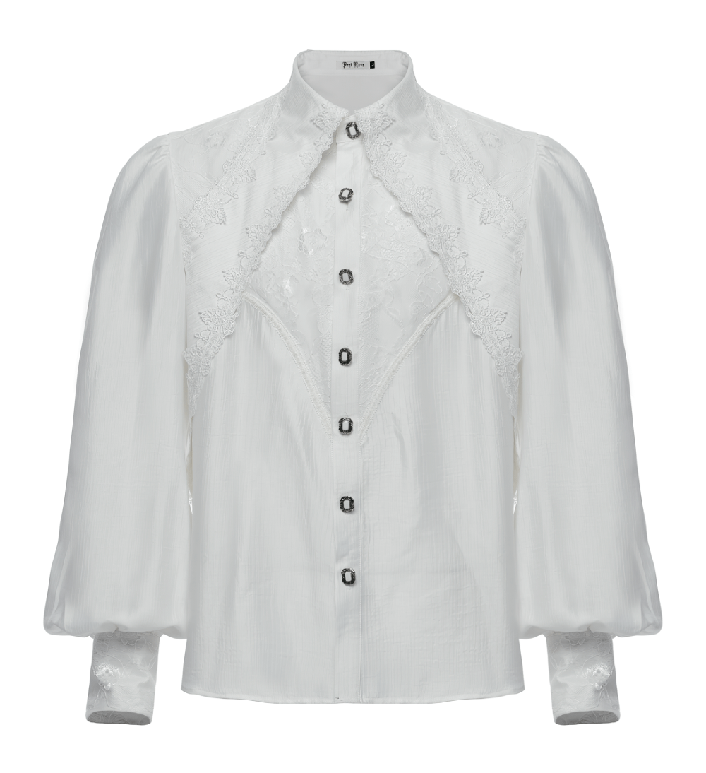 Men's gothic lace button-up shirt with layered sleeves and elegant bubble sleeves, perfect for vintage-inspired styling.