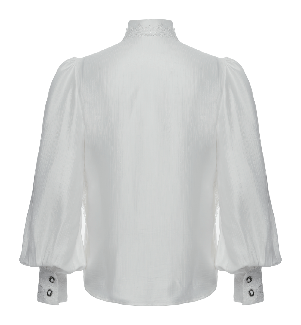 Back view of men's gothic lace button-up shirt with layered bubble sleeves and detailed cuffs. Perfect for vintage-inspired looks.